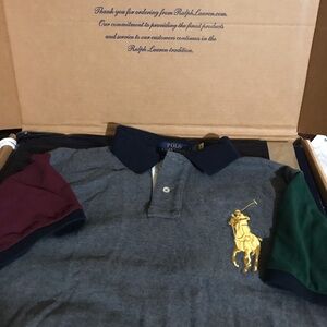 Polo Ralph Lauren Gold Big Pony Polo Shirt with Multicolor Sleeves Size L Custom